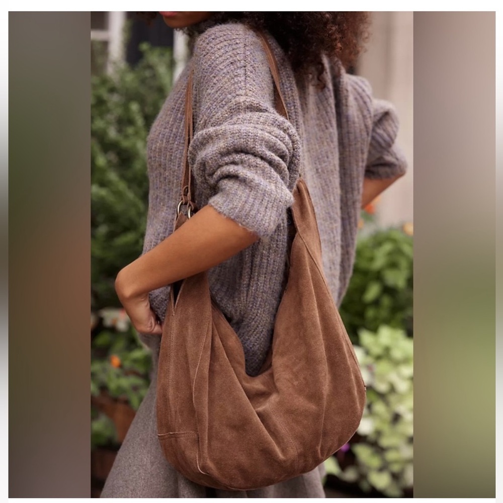 NEW FREE PEOPLE roma suede tote bag purse in brown boho slouchy large - Picture 3 of 10
